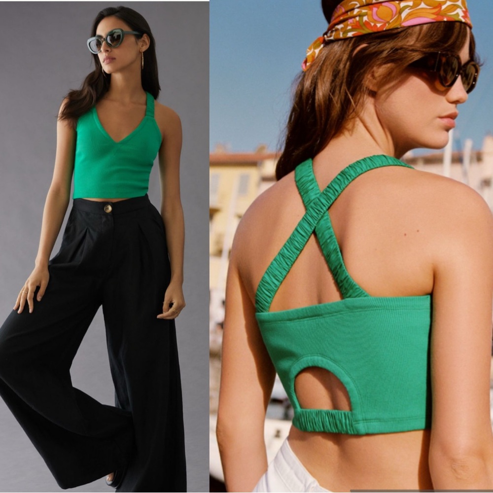 NWT: Anthropologie Maeve Strappy Tank Top Green Cotton Blend Sleeveless Crop Med